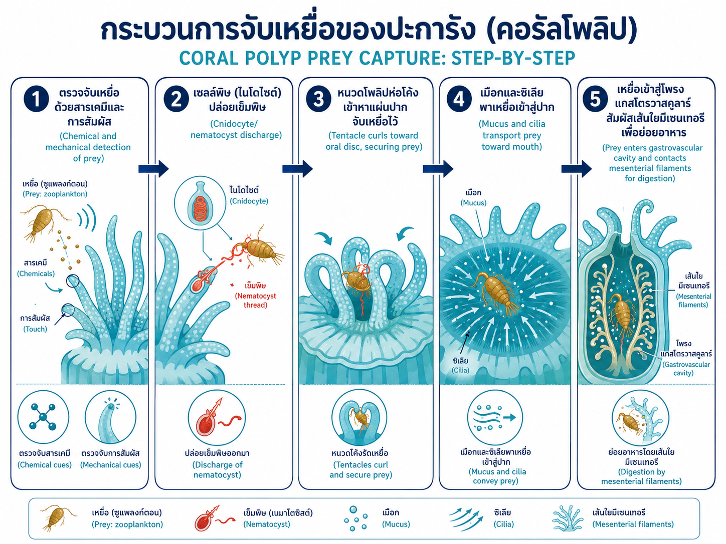 โครงสร้างภายในแบบจำลองของโพลิป Hexacorallia แสดงมุมมองด้านบนและภาพตัดตามยาว